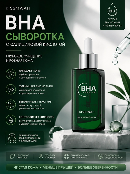 BHA-сыворотка KISSMWAH с салициловой кислотой, очищение пор, от прыщей и черных точек - 