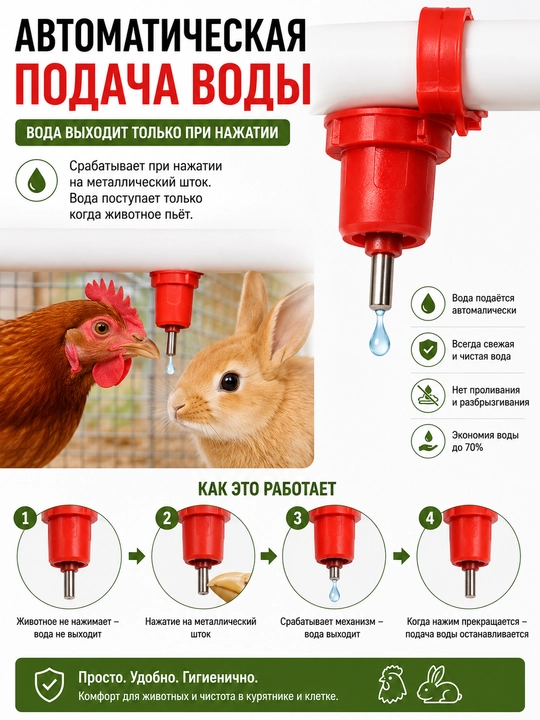 Ниппельная поилка для кур и кроликов, автоматическая подача воды, красный ниппель
