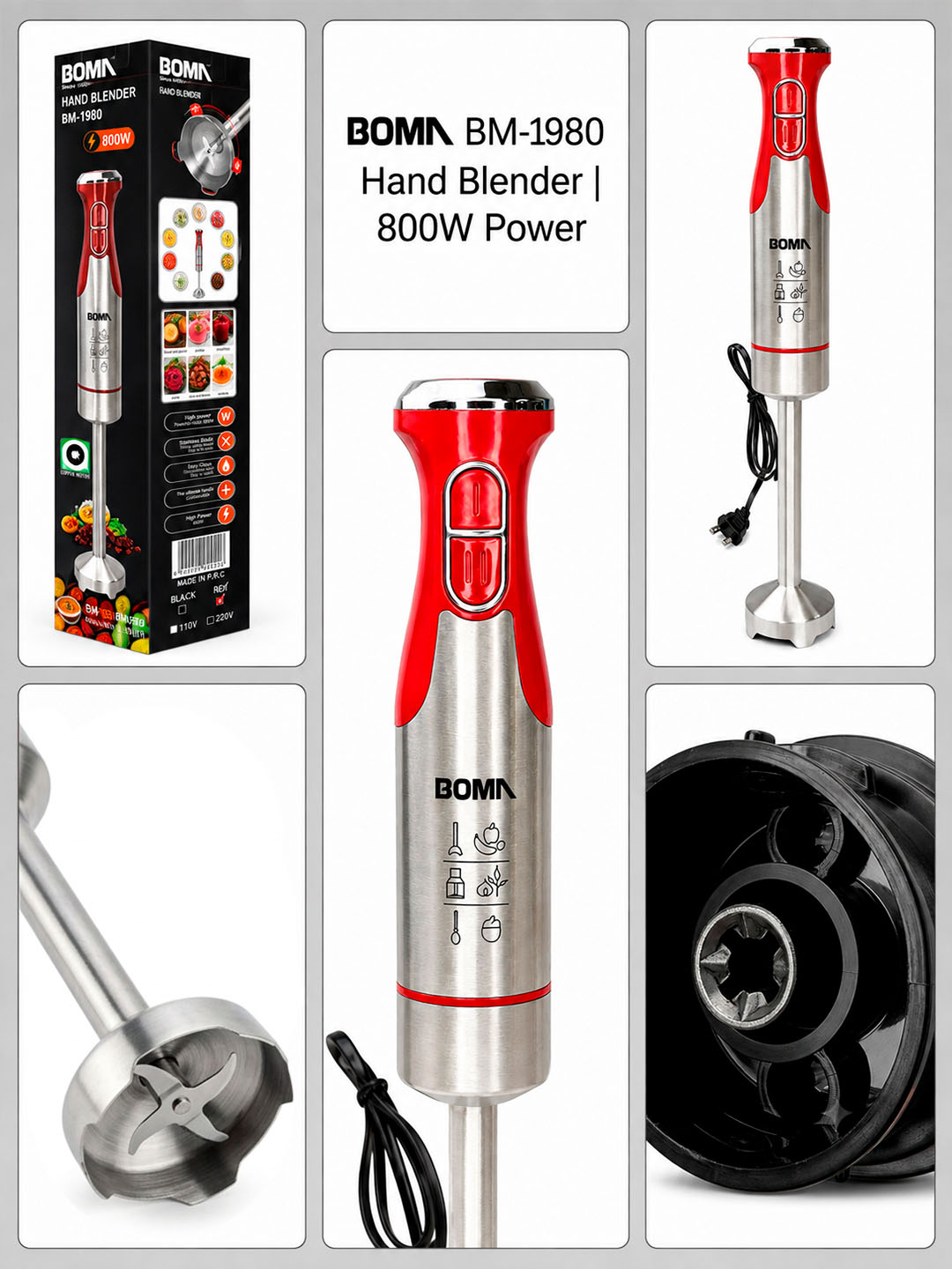 Qo'l blenderi 4 in 1, quvvati 300-1000W BOMA, ko‘p funksiyali blender, metall pogrujnoy