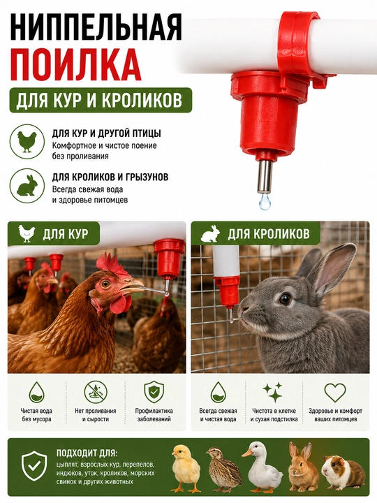 Ниппельная поилка для кур и кроликов, автоматическая подача воды, красный ниппель