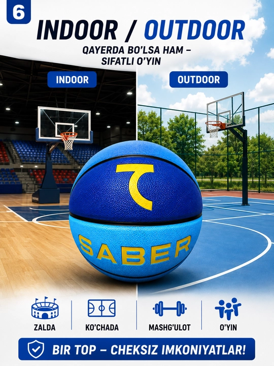 7SABER basketbol to‘pi, basketbol sport to‘pi, mashg‘ulot  uchun, mustahkam, 7-o‘lcham