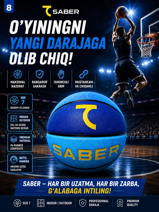 7SABER basketbol to‘pi, basketbol sport to‘pi, mashg‘ulot  uchun, mustahkam, 7-o‘lcham