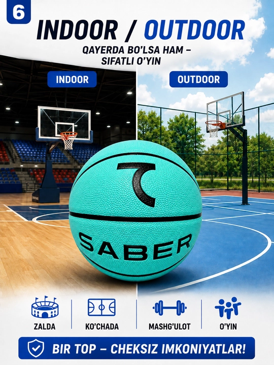 7SABER basketbol to‘pi, basketbol sport to‘pi, mashg‘ulot  uchun, mustahkam, 7-o‘lcham
