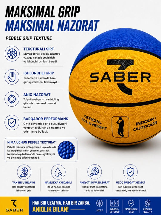 7SABER basketbol to‘pi, basketbol sport to‘pi, mashg‘ulot  uchun, mustahkam, 7-o‘lcham