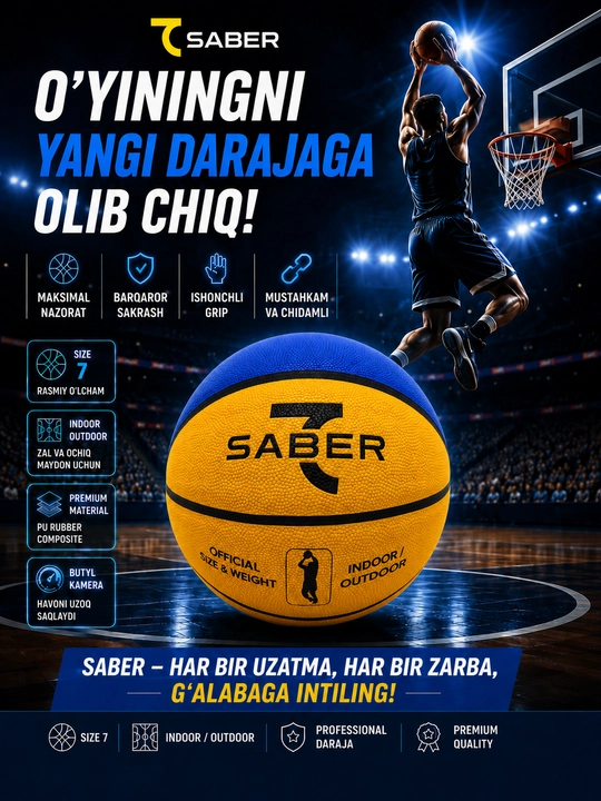 7SABER basketbol to‘pi, basketbol sport to‘pi, mashg‘ulot  uchun, mustahkam, 7-o‘lcham