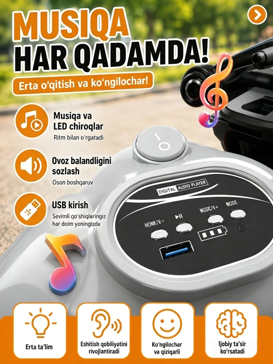 2–9 yoshli bolalar uchun mos keladigan, Bluetooth musiqaga ega elektr mototsikl