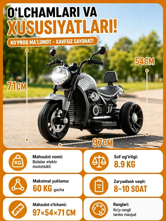 2–9 yoshli bolalar uchun mos keladigan, Bluetooth musiqaga ega elektr mototsikl