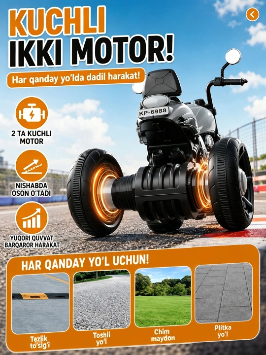 2–9 yoshli bolalar uchun mos keladigan, Bluetooth musiqaga ega elektr mototsikl