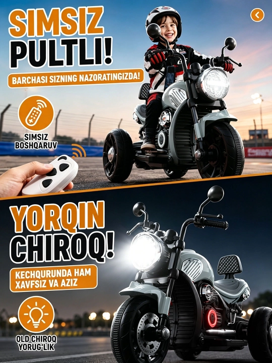 2–9 yoshli bolalar uchun mos keladigan, Bluetooth musiqaga ega elektr mototsikl
