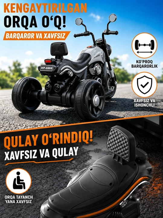 2–9 yoshli bolalar uchun mos keladigan, Bluetooth musiqaga ega elektr mototsikl
