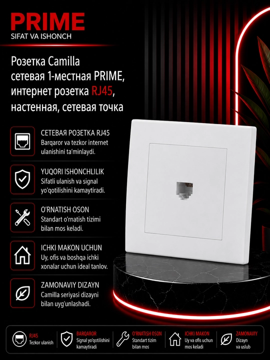 Camilla 1 joyli tarmoq rozetkasi PRIME, RJ45 ulagichli, devor uchun internet rozetskasi - 