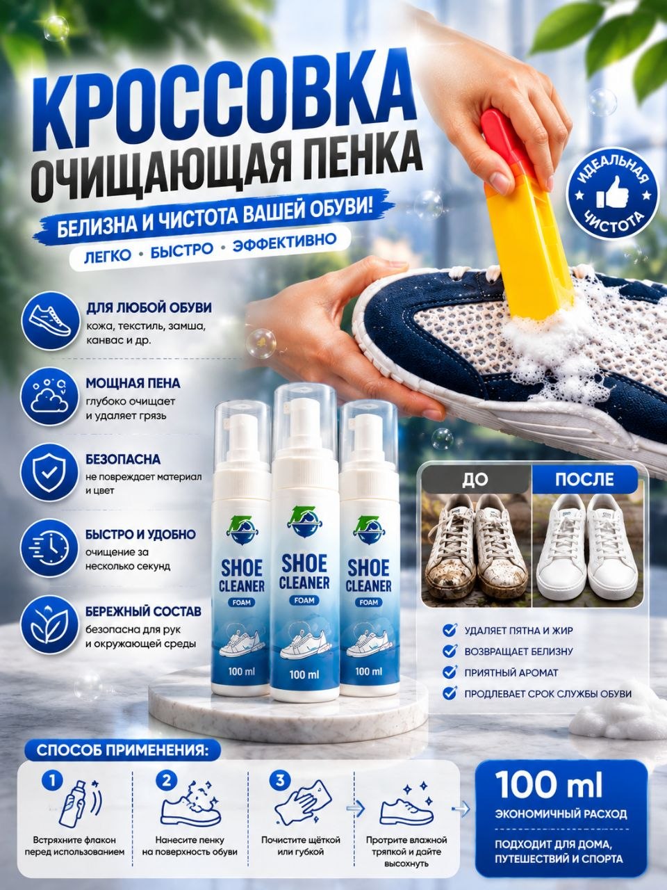 Пенка для чистки кроссовок и обуви — 100 мл