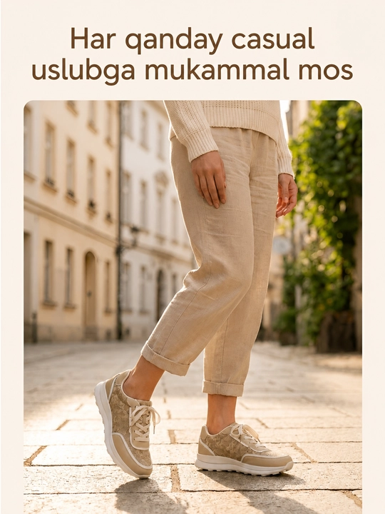 Ayollar krossovkalari, kundalik uslub, bog‘ichli, bej rang, 36–41
