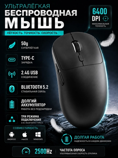 Трехрежимная мышь Bluetooth 5.2, 2.4G USB и Type-C, 6400 DPI, 50 г - 