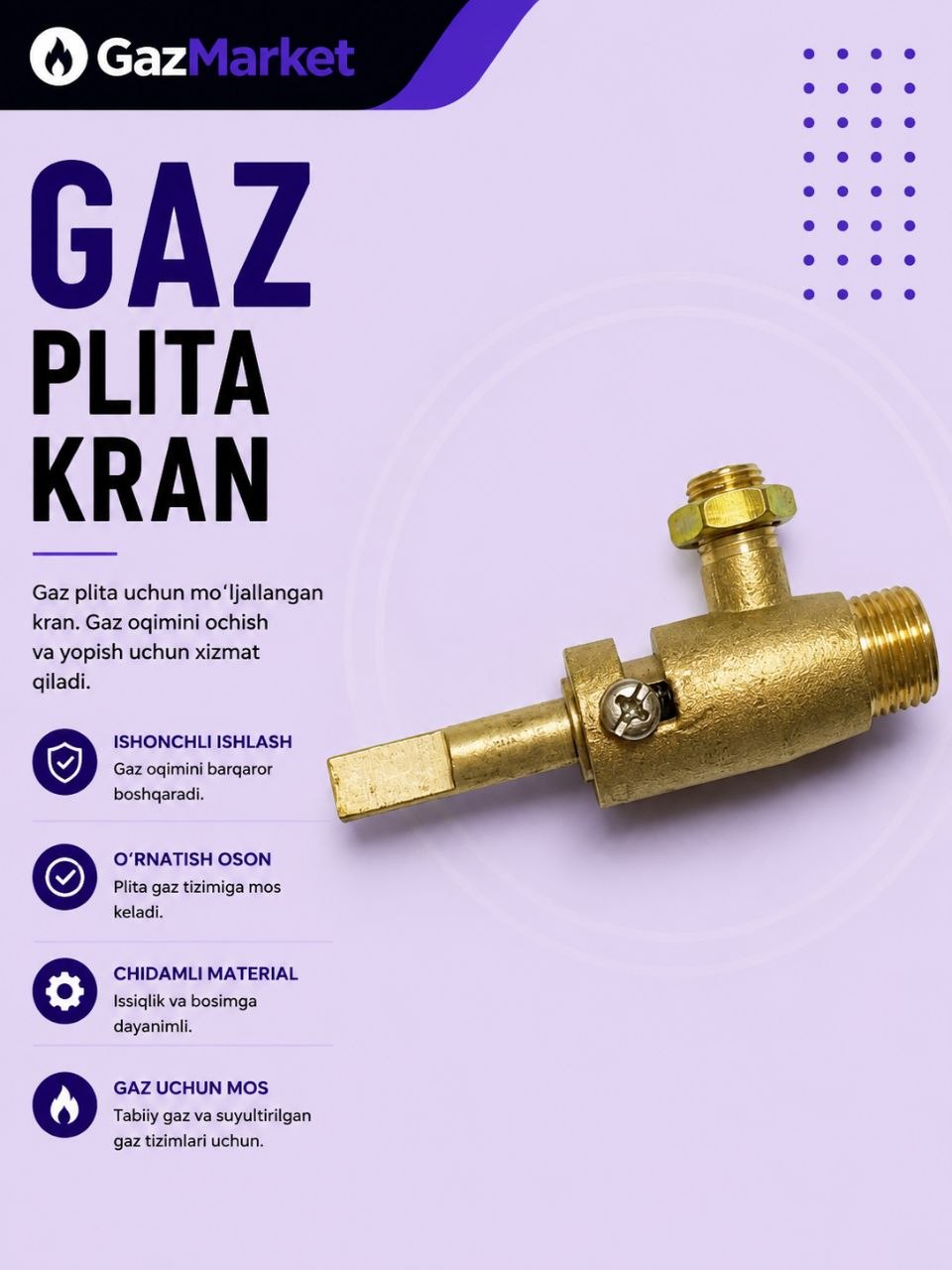 Gaz plita uchun kran (Gaz plitasi ventili) / Gaz kran brass (guruch)