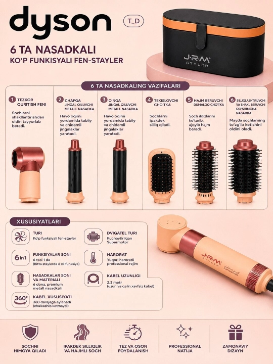 Dyson Фен стайлер JRM, дайсон 6 в 1, автоматический фен для завивки и укладки