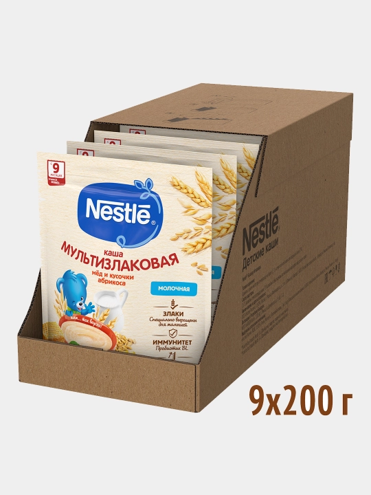 NESTLE bo‘tqasi Asal va o‘rik bo‘lakchalari qo‘shilgan sutli multiflok paket 200 g