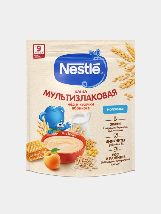 NESTLE bo‘tqasi Asal va o‘rik bo‘lakchalari qo‘shilgan sutli multiflok paket 200 g - 