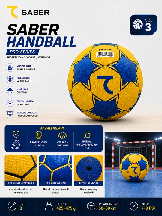 7Saber gandbol to‘pi, 3-o‘lcham, handball uchun sport to‘pi - 