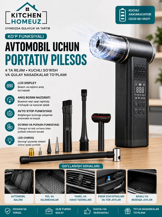 Avtomobil uchun ko‘p funksiyali portativ pilesos