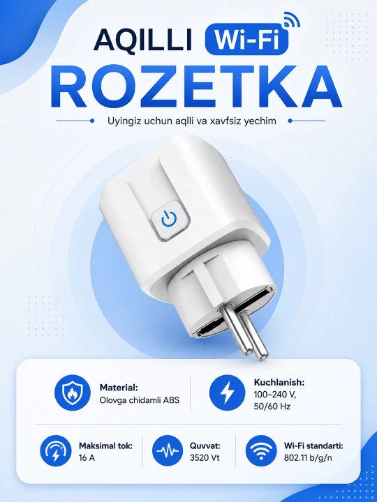 Tuya Smart Life aqlli Wi-Fi rozetka, 16A, 2.4 GHz, taymer va smartfon orqali boshqaruv - 