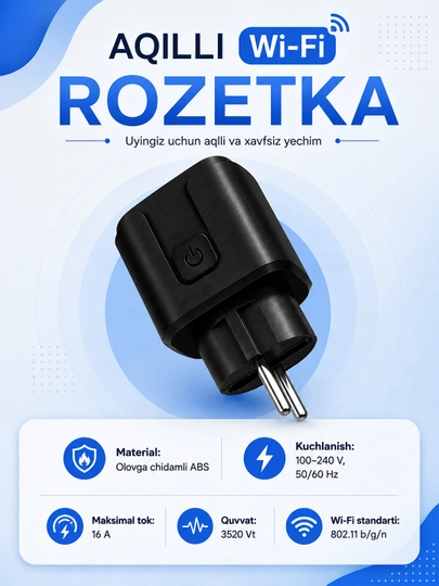 Tuya Smart Life aqlli Wi-Fi rozetka, 16A, 2.4 GHz, taymer va smartfon orqali boshqaruv - 