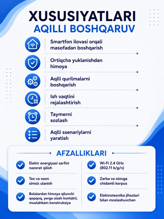 Tuya Smart Life aqlli Wi-Fi rozetka, 16A, 2.4 GHz, taymer va smartfon orqali boshqaruv