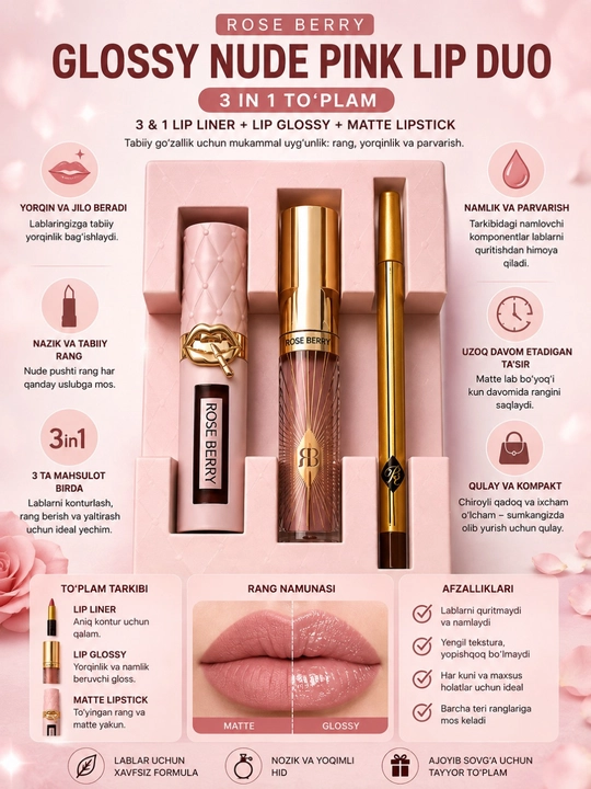 Rose Berry 3in1 набор для губ — карандаш, блеск и матовая помада