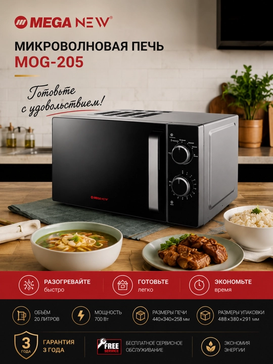 Микроволновая печь MEGA NEW с биокерамическим покрытием, механическое управление - 
