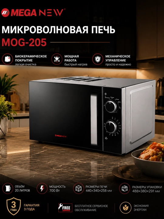 MEGA NEW mikroto‘lqinli pech, biokeramik qoplama, mexanik boshqaruv