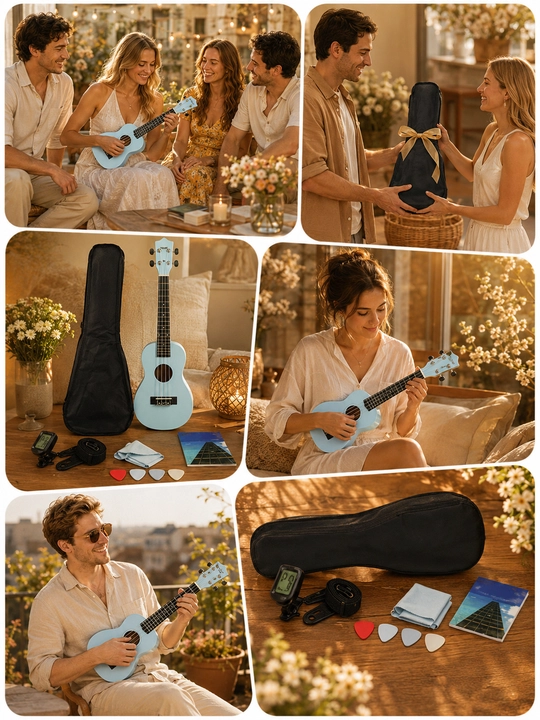 Konsert ukulelesi, 58 sm, musiqa asboblari to‘plami, mini gitara