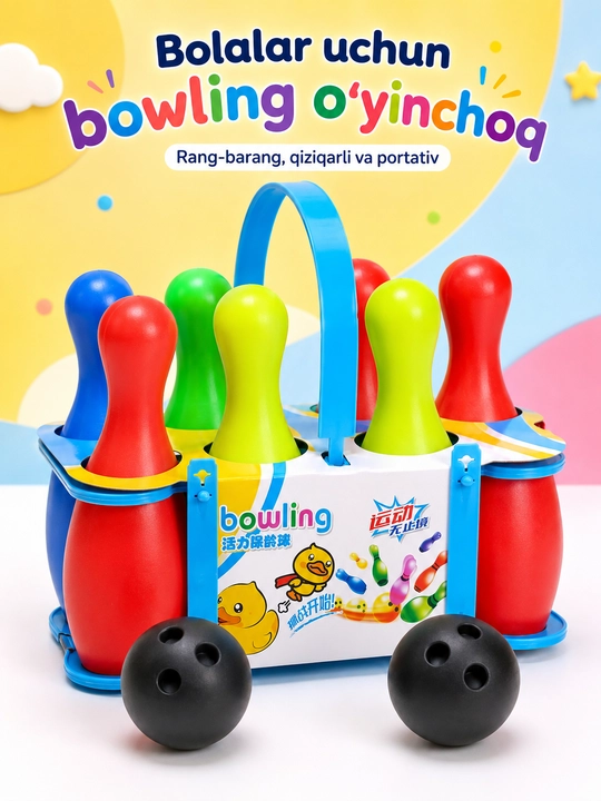 Bolalar uchun bouling o‘yinchoq to‘plami, 6 kegli va 2 to‘p, savatchali - 