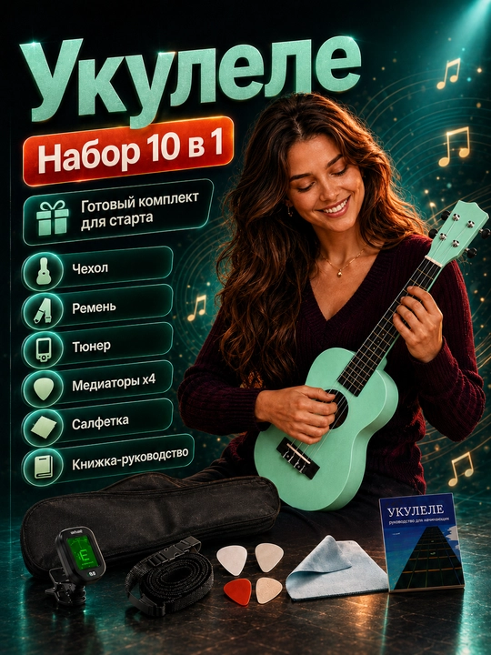 Konsert ukulelesi, 58 sm, musiqa asboblari to‘plami, mini gitara