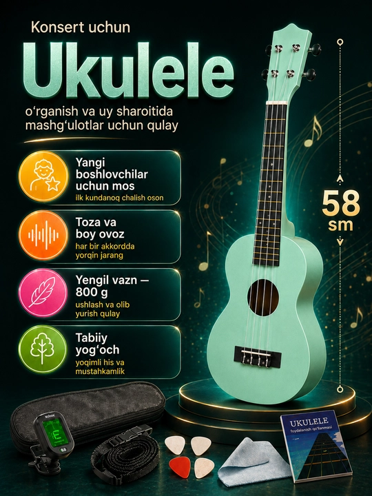 Konsert ukulelesi, 58 sm, musiqa asboblari to‘plami, mini gitara