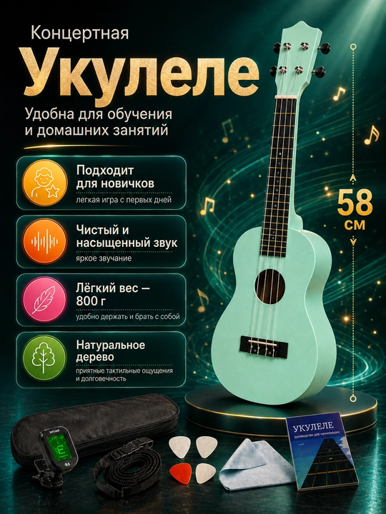 Konsert ukulelesi, 58 sm, musiqa asboblari to‘plami, mini gitara