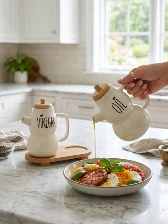 Yog‘ va sous uchun keramik dispenser, bambuk qopqoqli