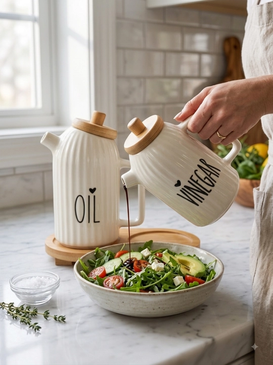 Yog‘ va sous uchun keramik dispenser, bambuk qopqoqli