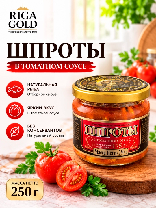 Pomidor sousidagi shprotlar, Riga Gold 250 gr - 
