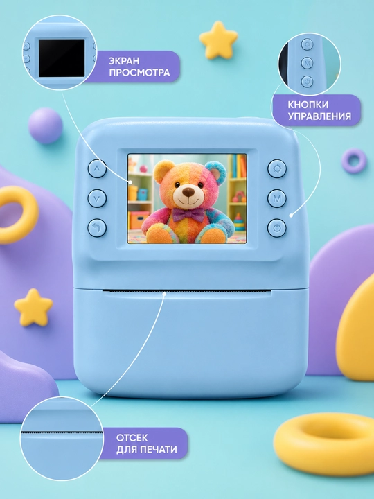 Bolalar uchun Instant fotoapparat – rasmni darhol chop etadi, oq/qora rang, mini kamera