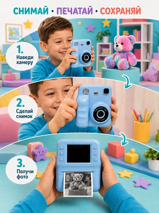 Bolalar uchun Instant fotoapparat – rasmni darhol chop etadi, oq/qora rang, mini kamera
