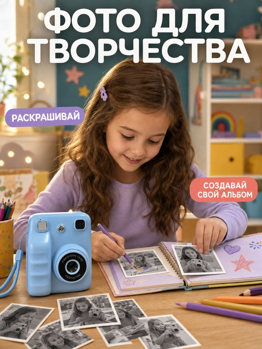 Bolalar uchun Instant fotoapparat – rasmni darhol chop etadi, oq/qora rang, mini kamera