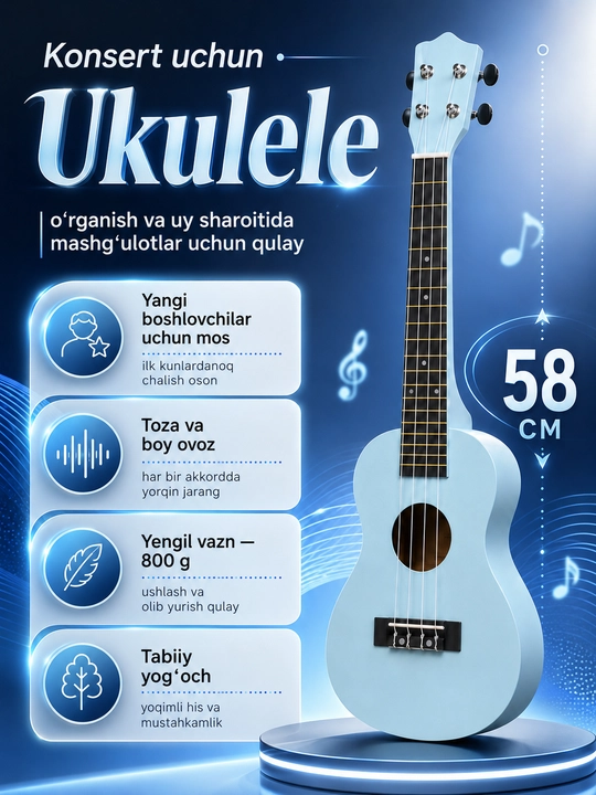 Konsert ukulelesi, 58 sm, musiqa asboblari to‘plami, mini gitara