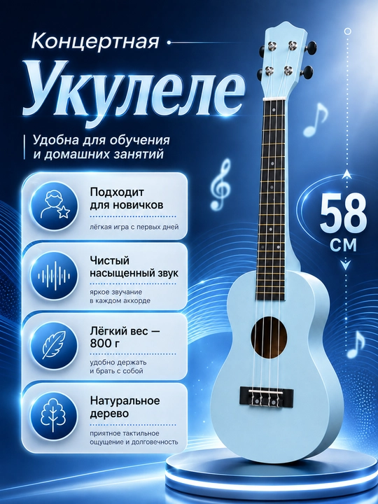Konsert ukulelesi, 58 sm, musiqa asboblari to‘plami, mini gitara