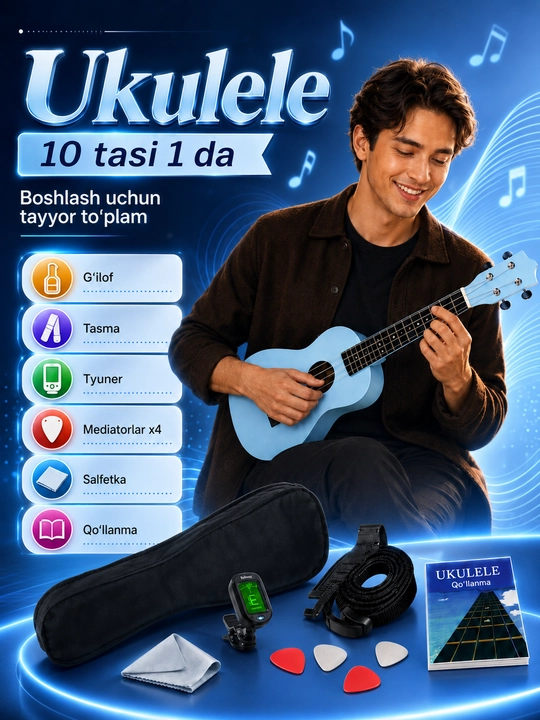 Konsert ukulelesi, 58 sm, musiqa asboblari to‘plami, mini gitara