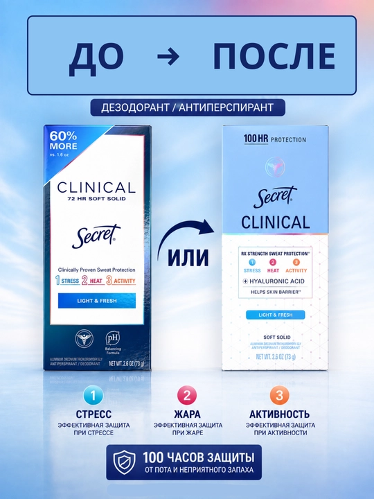 Secret Clinical Light & Fresh, антиперспирант-дезодорант для женщин, 45 г