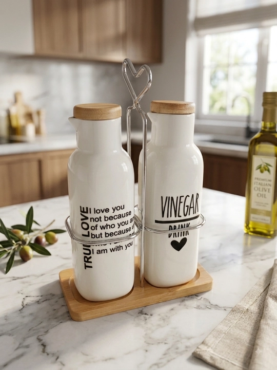 Yog‘ va sous uchun keramik dispenser, bambuk qopqoqli - 