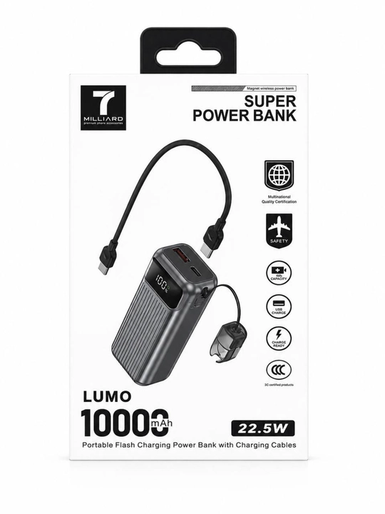 LUMO 10000 mAh - 22.5W o'rnatilgan kabellar bilan portativ quvvat banki