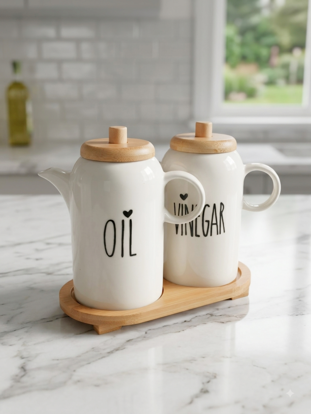 Yog‘ va sous uchun keramik dispenser, bambuk qopqoqli - 