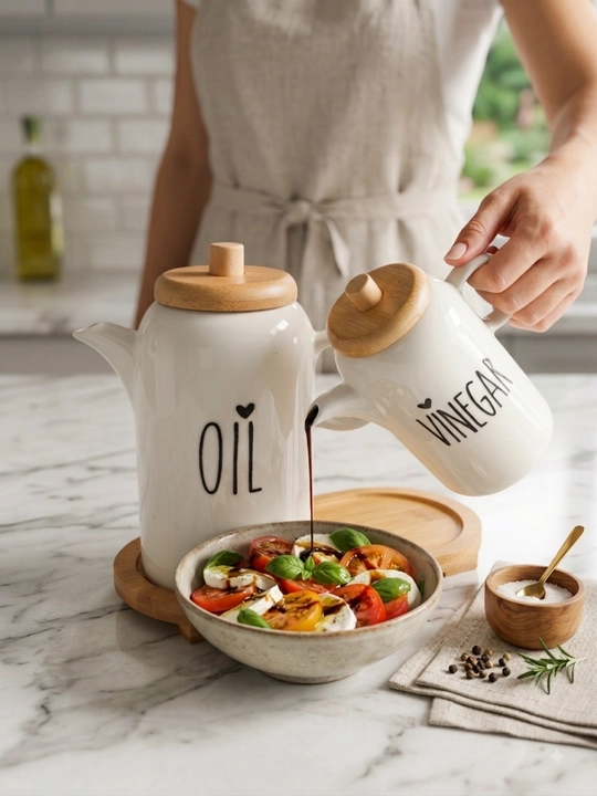 Yog‘ va sous uchun keramik dispenser, bambuk qopqoqli