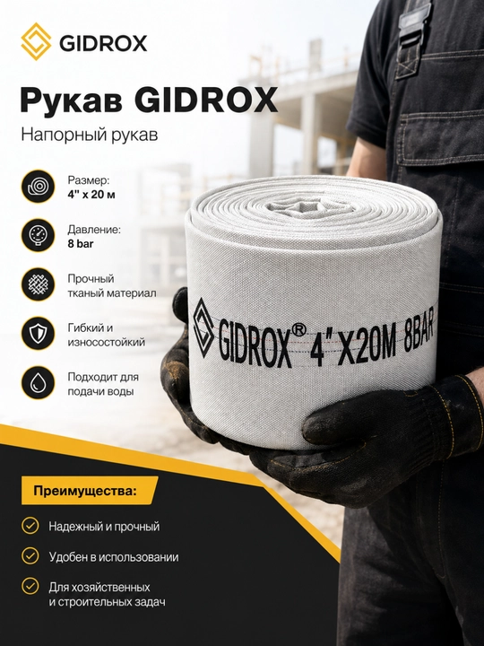 Напорный рукав GIDROX 20 м, 4/5/6/8 дюймов, для воды, давление до 8 бар